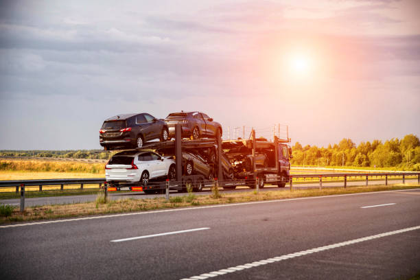 A Car Transport Fulton truck carries several vehicles along a highway during sunset, with fields and trees in the background under a partly cloudy sky.