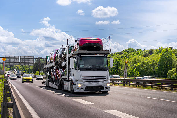 A white car carrier truck, part of a NY Car Shipping Fulton service, transports multiple vehicles on a highway surrounded by trees, with cars driving alongside under a partly cloudy sky.