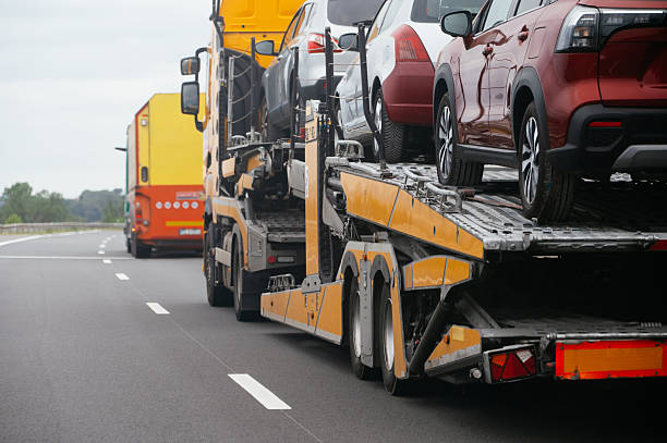 A car carrier truck transports several vehicles on a highway, following an orange truck—an example of reliable NY Auto Transport Fulton services. The scene captures part of the road, the loaded trailer, and cars stacked on two levels.